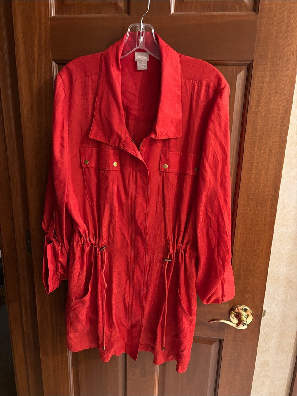 Chico's Red Drawstring Waist Utility Jacket, Sz 2 (10/12)